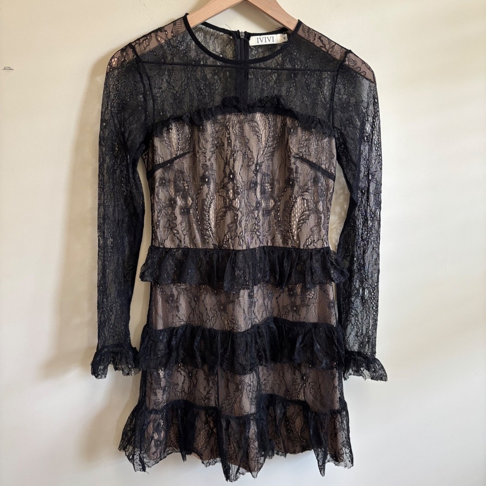 IVIVI Black Floral Lace Tiered Ruffle Mini Dress Long Sleeve Nude Lining Size M